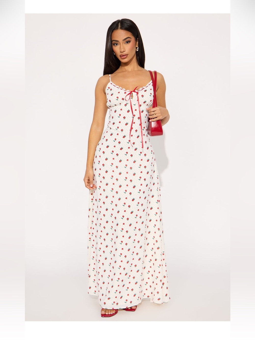 Fashion Nova White Maxi Dress with Red Floral Print